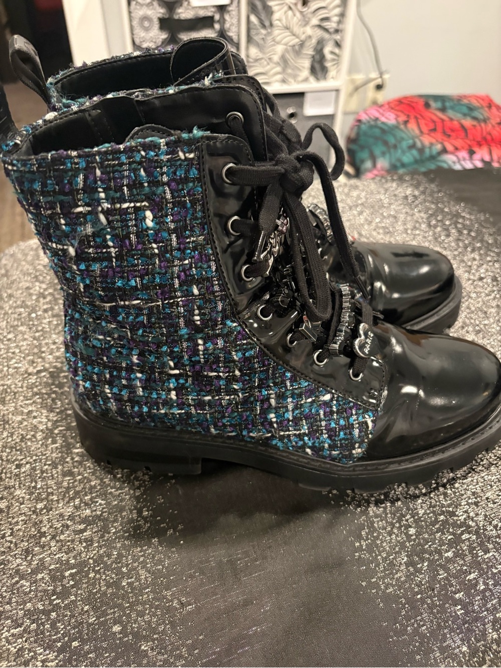 Karl Lagerfeld Blue Multi Tweed Lug Sole Boots